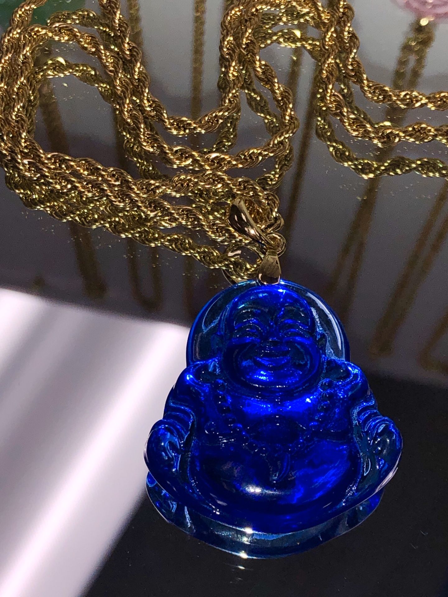 Blue Buddha pendant 14 k gold filled rope chain necklace