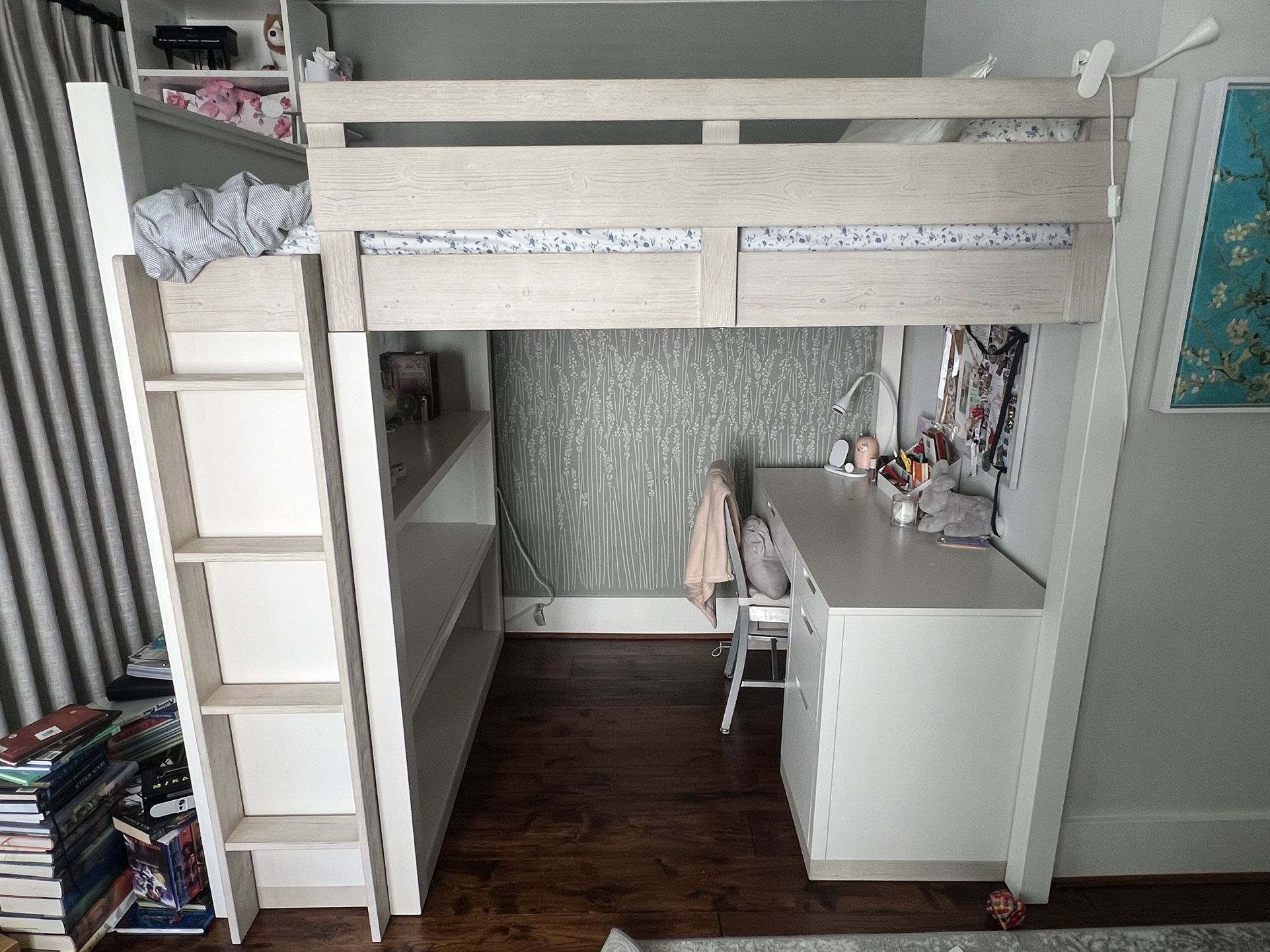 Rhys Loft Bed with Desk Set, Full, Weathered White/Simply White