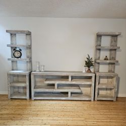 Solid Wood Farmhouse Entertainment Center + 2 Shelves (120” Wide)