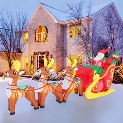 Brand New In Box 12ft Inflatable Santa With Elf, Sleigh And Reindeers Christmas Decoration 