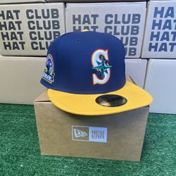 RARE Exclusive SOLD OUT Seatle Mariners 59fifty New Era Fitted 2 Tone Navy Blue & Yellow Hat with Green UV  •SOLD OUT EXCLUSIVE LIMITED RELEASE  •Size