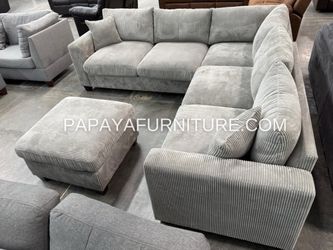 New! Light Grey Sectional Sofa And Ottoman, Sectionals, Sofa, Couch, Plush Sectional, High Back Couch, Sofas, Grey Sectional, Grey Sofa, Grey Couch