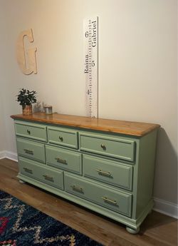 Beautiful Sage Green Refurbished 8-Drawer Dresser with Stained Wood Top