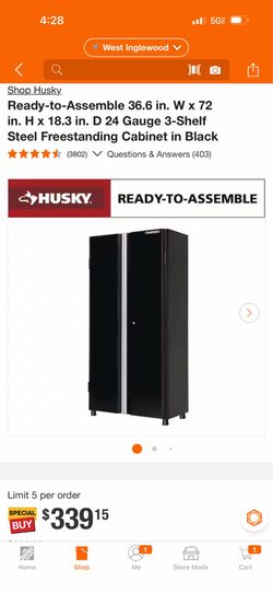 Husky. Ready-to-Assemble 36.6 in. W × 72 in. H × 18.3 in. D 24 Gauge 3-Shelf Steel Freestanding Cabinet in Black