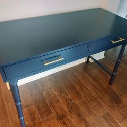 Navy Wooden Bamboo Style Leg Desk With Golden Handles. Could Also Be Used As Entry Table