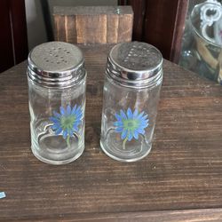 Hand Painted Blue Flower  Salt And Pepper Shakers 