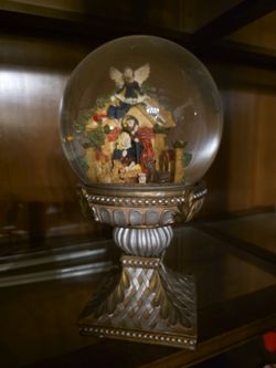 SNOW GLOBE Nativity Scene On a Pedestal, Teal Glitter, Domain Brand Vintage