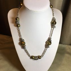 Silver & Gold Tones Chain Link & Beads Necklace