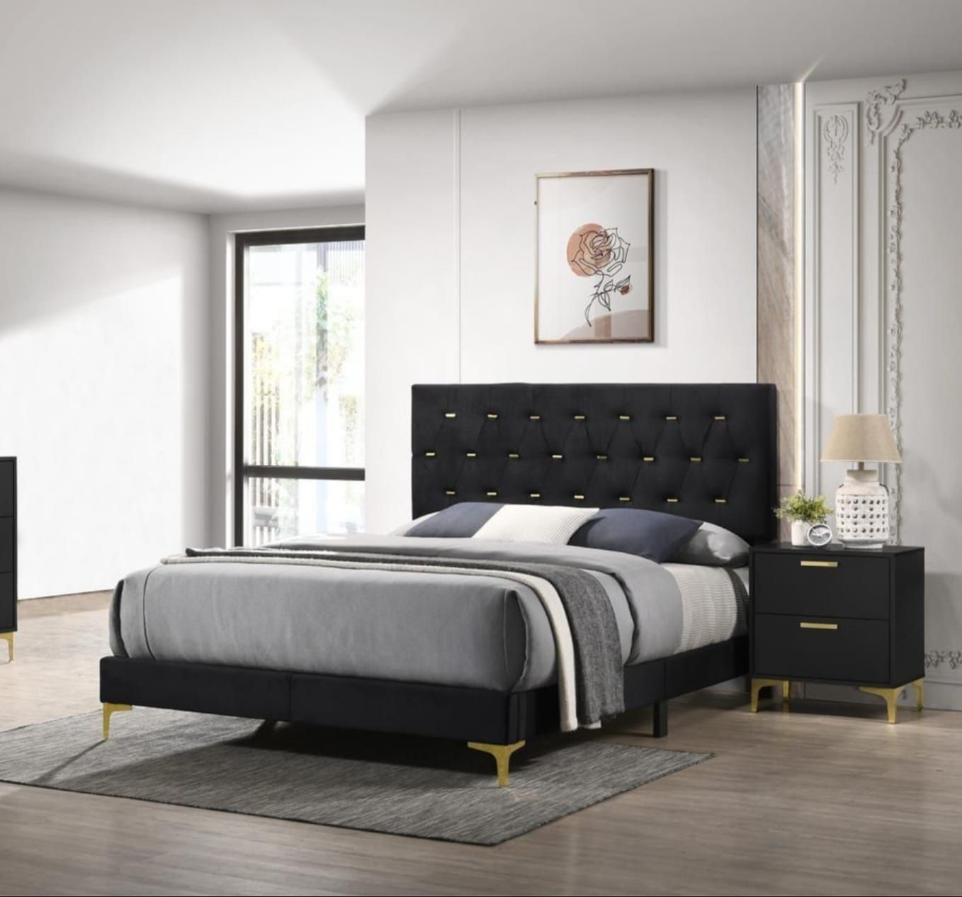 Black Leather Diamond Upholstered Cal King Bed Frame