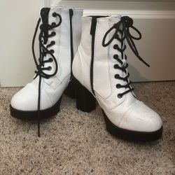 White Stacked Up Heel Boots