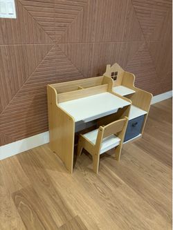Kids Desk and Chair Set, Wooden Children School Study Table and Chair w/2 Drawers, Hutch, Storage Shelves, Student Writing Desk