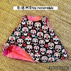 12-18 M Etsy reversible dress soft cotton net, and cotton candy skulls, Velcro Shoulders 