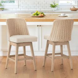 LUE BONA Rattan Bar Stools Set of 2, 27” Swivel Wooden Bars Stools with Thick Linen Seat, Handwoven Back & Wooden Leg, Counter Height for Kitchen Isla