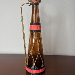 MCM Amber Glass Bottle Decanter Jug Metal Handle Woven Wire Spain Bulliconte
