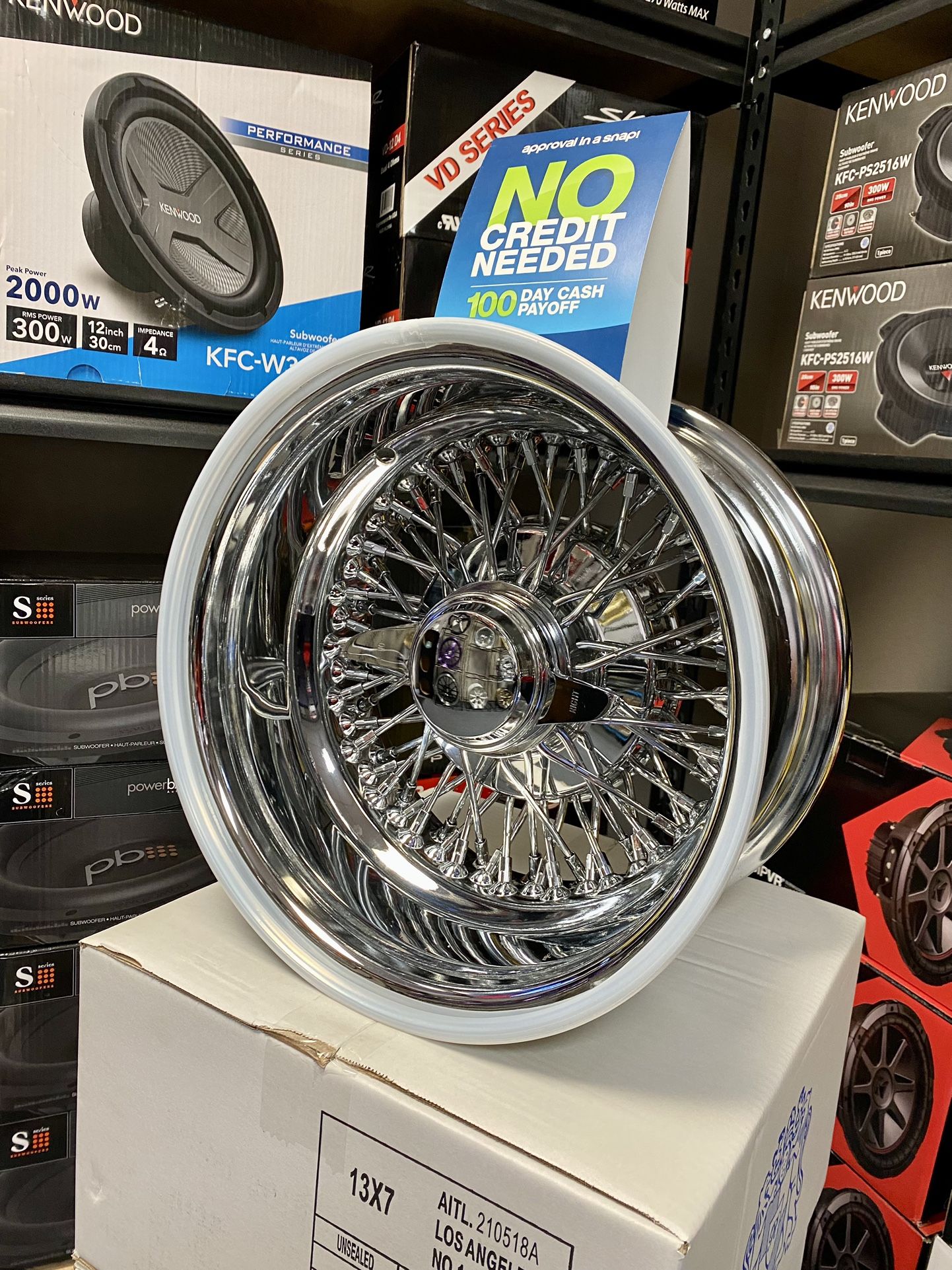 New (4) 13x7” inch 72 Spoke Cross Lace Triple Chrome Wire Wheels Rims w/ 5 Lug Adapters + 2 Bar Knock Offs (No Credit Easy Financing} 🤑 🔥