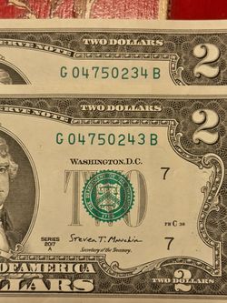 Nice 👍!! Two 2017A $2 Bills – Matching Serial Number Variation !