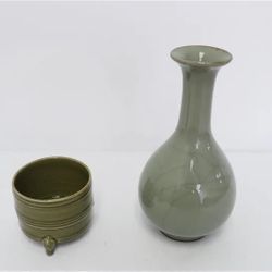 Vintage Celadon Song Style Vase & Celadon Tripod Censor