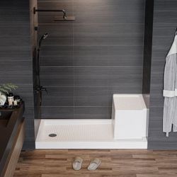 2300 $500  60 in. L x 32 in. W Alcove Shower Pan Base with Seat  Built-in seat, 17 in. seat height, supported by 8 stainless steel brackets underneath