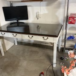 Wood Desk With 3 Drawers Glass Top