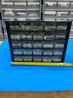 HANDYMAN WORK BENCH ORGANIZER. (FULL OF MISC HARDWARE)