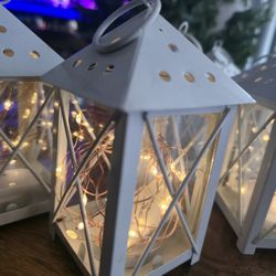 Set of 6 White Lantern Candle Holders with Fairy Lights
