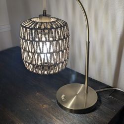 Boho/MCM Arched Table Lamp - Brass with Woven Macrame Shade