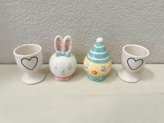 Johanna Parker chick and bunny salt pepper shakers with Rae Dunn heart egg holders