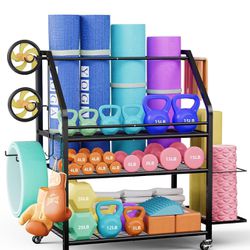 Coonoor Home Gym Storage Rack, Weight Rack For Dumbbell, Kettlebells, Workout Equipment, Yoga Mats Holder, Gym Organizer With Wheels And Hooks