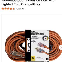 RIDGID 50 ft. 12/3 Heavy Duty Indoor/Outdoor Extension Cord with Lighted End, Orange/Grey (278)