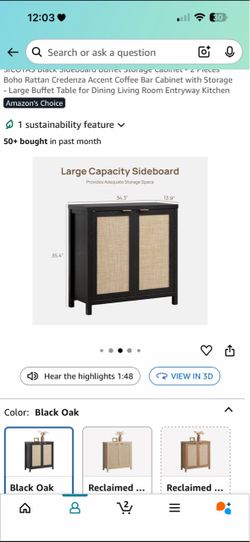 SICOTAS Black Boho Rattan Sideboard Buffet Storage Cabinet
