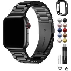 New Fullmosa Band Compatible with Apple Watch 44mm 45mm 42mm, Stainless Steel iWatch Band for Apple Watch Se 2 Series 9/8/7/6/5/4/3/2/1(Black, 4