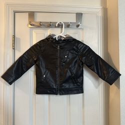4T Little Boys Black Plastic Leather Jacket With Hood