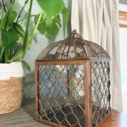 Metal Glass Lantern Birdcage Dome Copper Finish Heavy Candle Holder