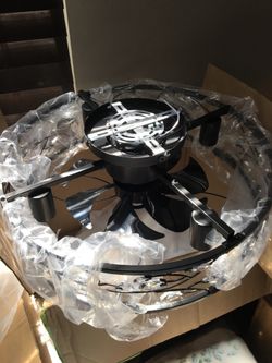 New 20in Caged Crystal Ceiling Fan with Light,Rustic Industrial Ceiling Fans with Lights and Remote,Bladeless Black Fandelier Ceiling Fan,Flush Mount