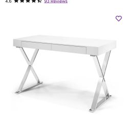 2 Drawer Desk - White Lacquered With Metal Legs  