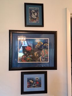 Three Hand Sewn And Stitched Tropical Fish and Dolphin Pictures