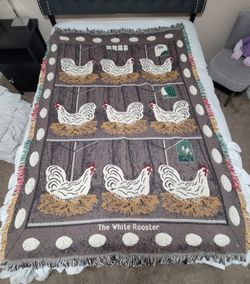 Vtg 'The White Rooster' Tapestry Throw Blanket Farmhouse Hens Nesting