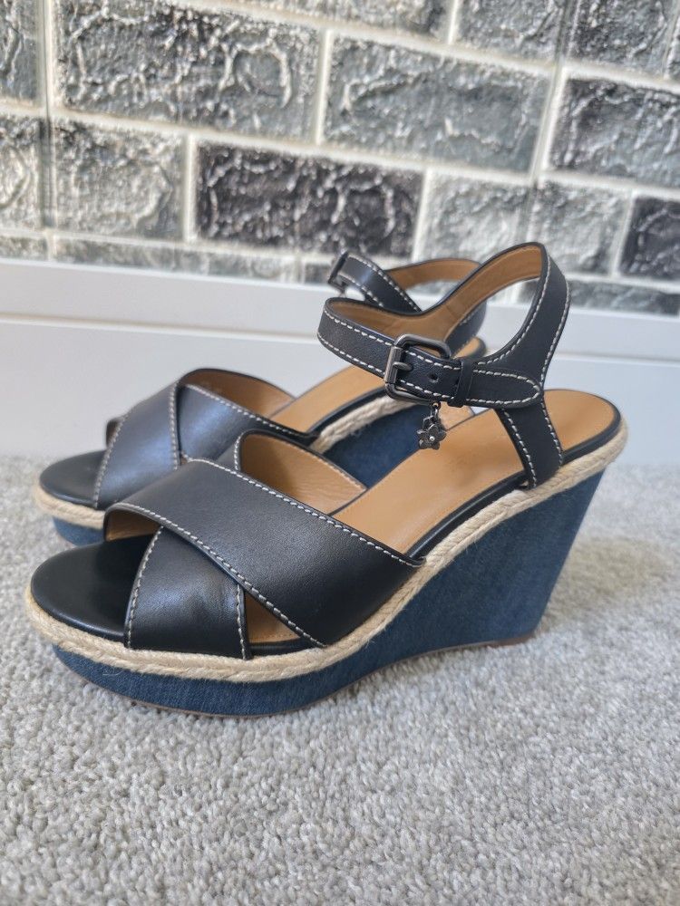 Coach Women's Black/Blue Wedge Sandals Size 9B
