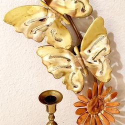 Antique Brass Wall Hanging Butterflies with Copper Flower & Brass Candle Stick 
Butterflies 6in x 17in 
Candlestick 3in x 7in $10 for Both 