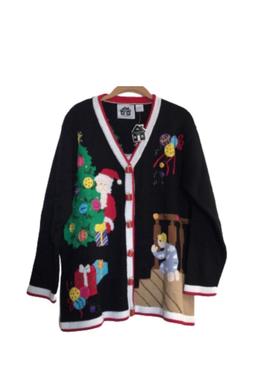 VINTAGE STORYBOOK KNITS Hand Knit Cardigan Sweater Christmas Eve Scene Large NWT