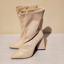 Cream Pointed-Toe Block Heel Ankle Boots