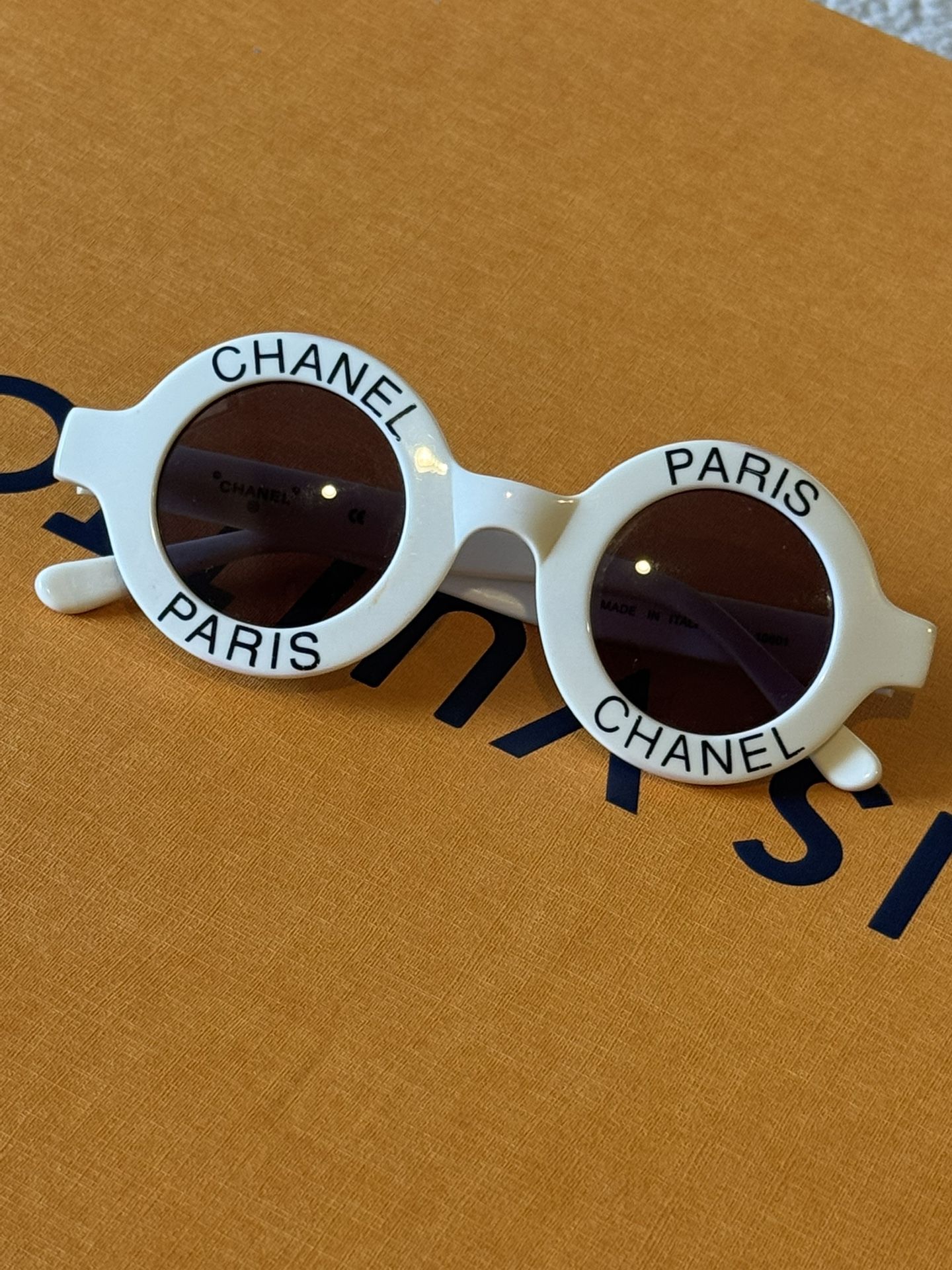 1990's Iconic White Chanel Paris Round Sunglasses