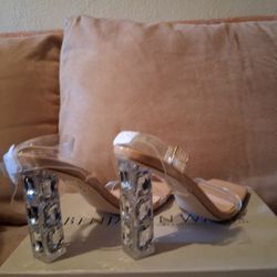 Clear Sandal Strap, Diamond Block Heels Size 7