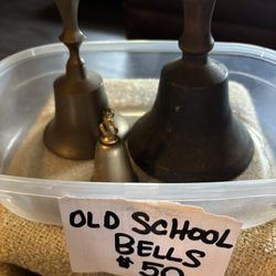 Antique Old School House Handheld Bells- 1 ALL Brass & 1 Brass Wooden Handle & BOGO tiny brass bell