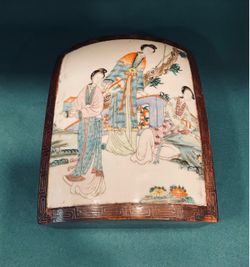Beautiful antique Chinese porcelain and wood large box with red velvet lining
