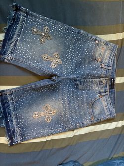 Purple brand Jorts with rhinestones