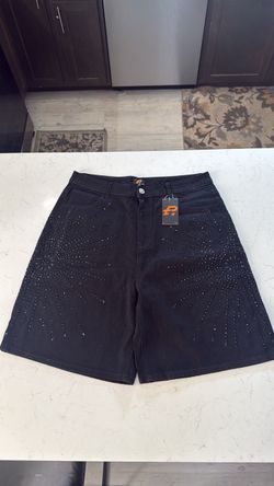 Black Denim Shorts with Rhinestone Detail