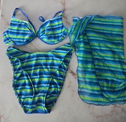 🌊 Blue Striped Bikini with Matching Wrap (Small)