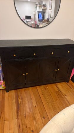 Black Wood Sideboard Buffet Cabinet with Gold Knobs