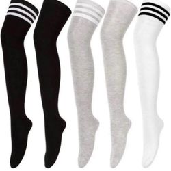 (5 pairs) Womens Thigh High Socks Over the Knee High Striped Stocking Boot Leg 